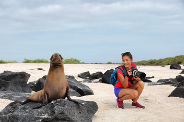 Animal wildlife nature photographer tourist on Galapagos looking at Galapagos Sea Lion taking...