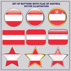 Bright buttons with flag of Austria. Happy Austria day set of buttons. Bright illustration with flag and grey background.