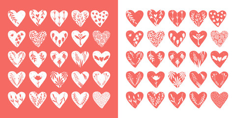 Vector collections of hand drawn hearts isolated on transparent background. Love valentines day clipart. Heart shape decorated floral elements: rose, tulip, key with wings, arrows