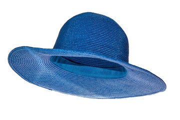 Blue straw hat on white background side view.