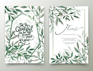 Watercolor hand painted leaves, Invitation card.