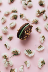 Composition of delicious bright macaroons and floral petals 