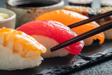 Sushi set of salmon, tuna and smoked eel.