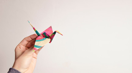 Man holding colorful origami crane bird  - obrazy, fototapety, plakaty