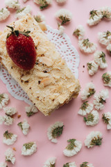 Piece of delicious fresh cake and floral petals 