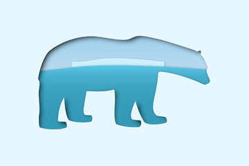 north arctic polar white bear in paper cut craft art style with north pole landscape, double exposure mockup, stock vector illustration clip art template