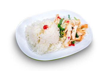 Spicy chicken salad with rice is thailand food. on white background. clipping path.