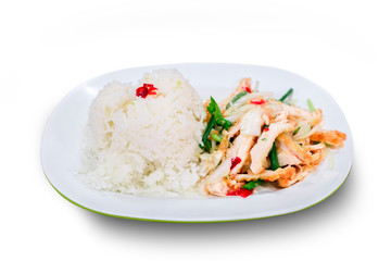 Spicy chicken salad with rice is thailand food. on white background. clipping path.