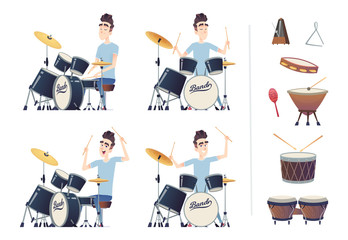 Young handsome guy playing the drums. A set of percussion instruments. Drummer practiced and trained