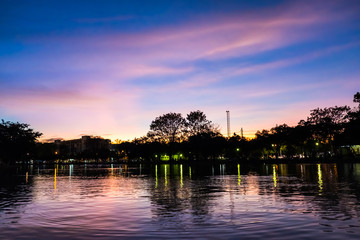 silhouette sunset in the evening the tree is shadows dark. There are ponds that reflect light Blue sky and clouds.