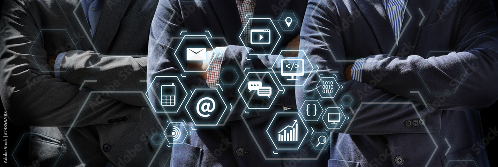 Poster man using tablet computer virtual interface graphic icons network diagram digital marketing