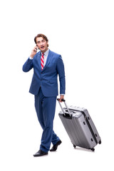 Young handsome businessman with suitcase isolated on white