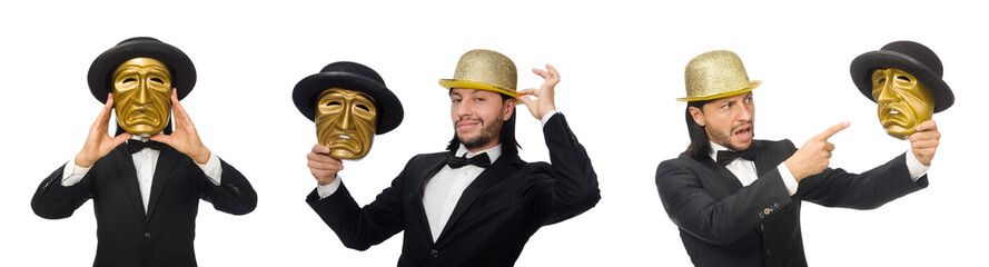 Man with theater mask isolated on white