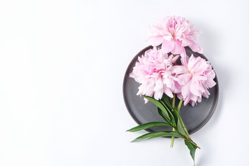 Beautiful fresh cut peony flowers lie on a gray dish. minimalistic composition on a white background, top view