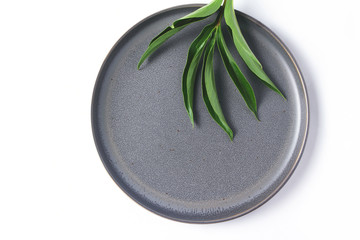 composition of gray plate and green leaves. white background, flat lay