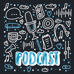 Podcast lettering with decoration. Vector design.