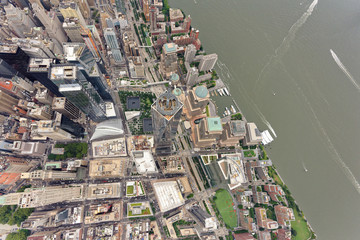 Wide-angle aerial view over World Trade Center, looking down