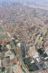 Wide-angle aerial view over World Trade Center and Tribeca, looking north-east towards Noho
