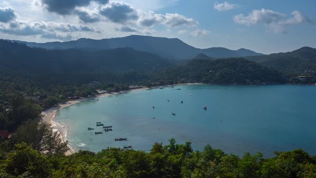Timelipse static shot,thai long tail taxi boats parking along the sand beach Thong Nai Pan Noi,koh Phangan island,Thailand