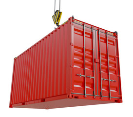 Red cargo container hoisted by hook