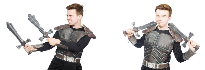 Young funny man in armour suit