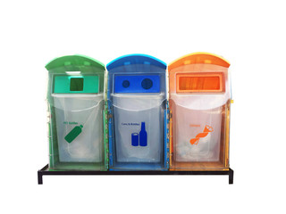 green blue yellow recycle bins with recycle symbol, Recycle bins with recycle symbol Plastic box, PTE Bottles, Cans Bottle, General waste. Isolated white Background Clipping Paths, Environment Day. 