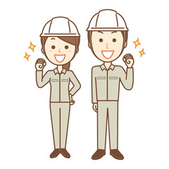 作業員　男女　ガッツポーズ　全身