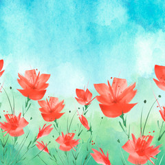 Watercolor painting. A bouquet of flowers of red poppies, wildflowers. Hand drawn watercolor floral illustration, logo. grass,blue sky. abstract paint splash