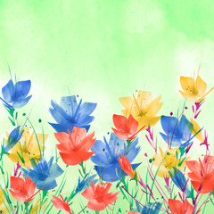 Fototapeta na wymiar Watercolor painting. A bouquet of flowers of Blue,red poppies, wildflowers on a white isolated background. watercolor floral illustration, logo. Abstract green, blue,Violet splash of watercolor paint