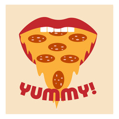 mouth with a slice of pizza instead of tongue and the inscription YUMMY 