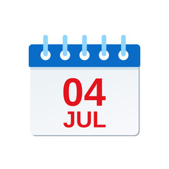 July 4 calendar icon. Independence day reminder calendar. Vector. Blue calendar planner holiday date isolated on white background. Color illustration in flat design.