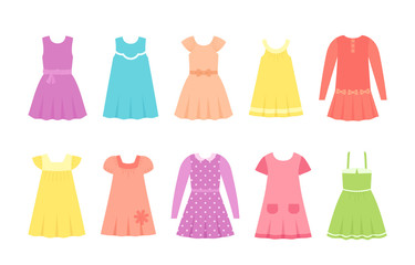 Baby dresses. Vector. Girl clothes. Children clothing set. Kid models. Collection summer garment isolated on white in flat design. Cartoon illustration. Female dress. Cloths for child. Apparel icons.
