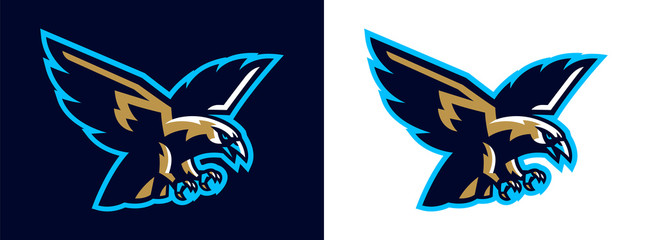 Logo eagle, hawk. Flying eagle. Mascot, bird, falcon, bald, flying, animal, freedom, wing, wildlife. Vector illustration