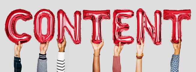 Hands showing content balloons word