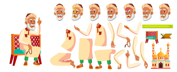 Arab, Muslim Old Man Vector. Senior Person Portrait. Elderly People. Aged. Animation Creation Set. Face Emotions, Gestures. Banner, Flyer. Animated. Illustration