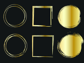 Set of golden paints, metallic gradient brush strokes, brushes, lines. Artistic design elements.