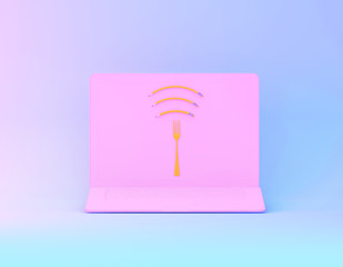 Wifi symbol creative idea layout made of fork with pencil on pink laptop in vibrant bold gradient purple and blue holographic colors. minimal surrealism art and Internet technology /networking concept