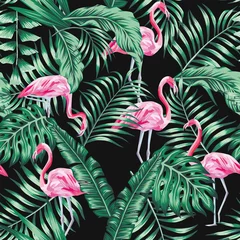 Tapeten Grüne tropische Blätter und nahtloses Muster des rosafarbenen Flamingos schwarzer Hintergrund © berry2046