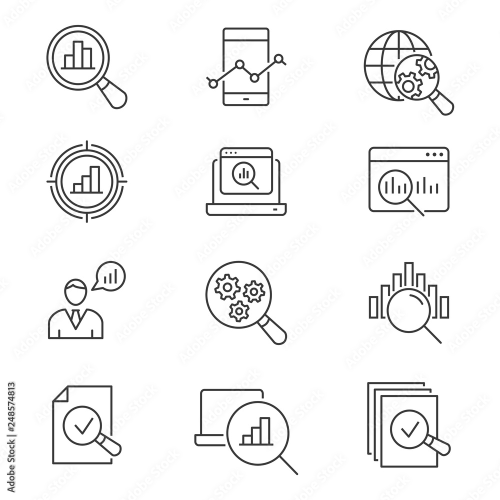 Wall mural data analysis line icons set. black vector illustration. editable stroke.