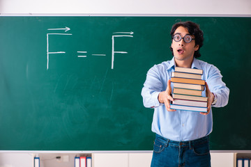 Young male physic standing in front of the green board
