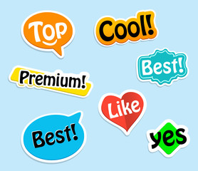 Collection paper stickers. colorful labels for your projects. Top, cool, Premium, Best, Like, yes. 