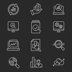 Data analysis vector icon set on black background.