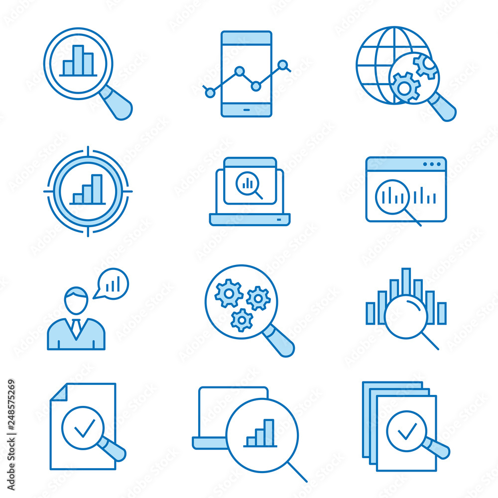 Poster data analysis flat line icon set. vector illustration. editable stroke.