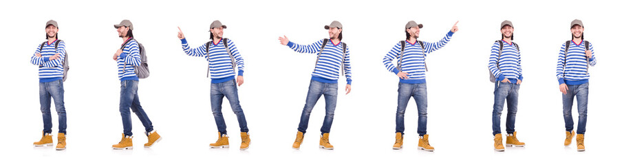 Student with backpack isolated on the white