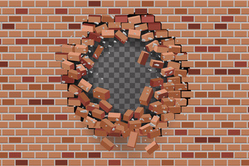 Wall hole destruction red brick break template transparent background vector illustration