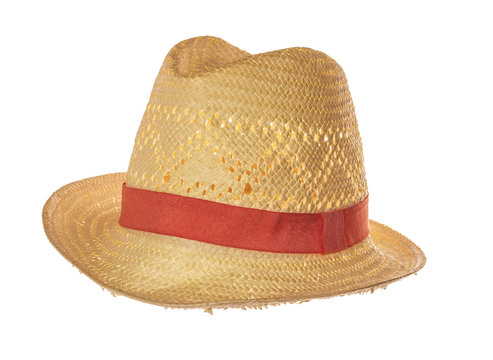 Yellow straw hat on white background side view.