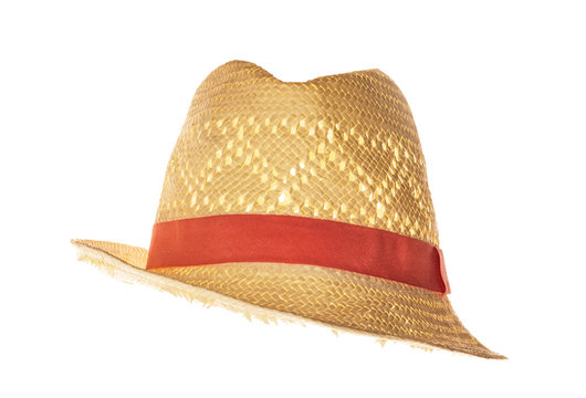 Yellow straw hat on white background face view.