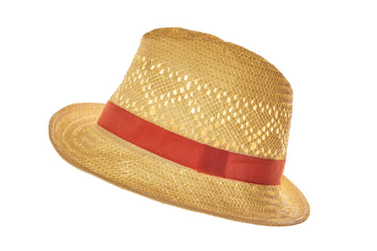 Yellow straw hat on white background side view.