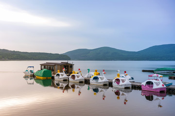 duck Pedal boats at Lake Kawaguchiko Mount Fuji is a popular recreational site for boating
