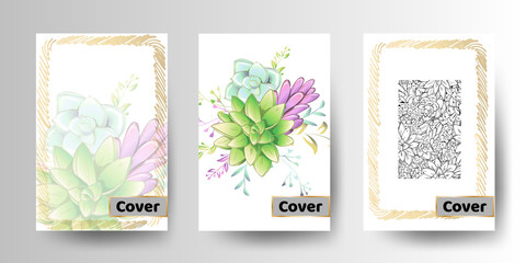 Beautiful cover gifted card with succulent and graphic elements. Cute botanical illustrations.